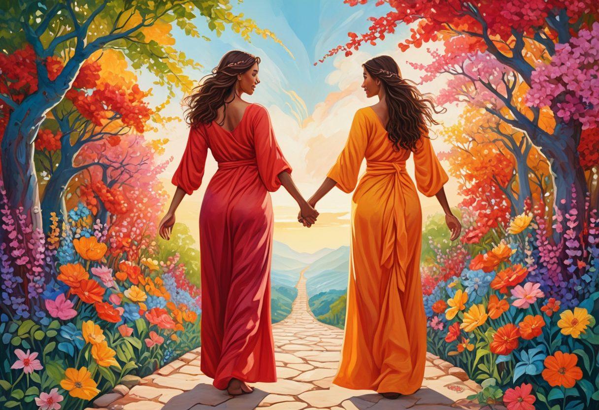 An empowering illustration of two confident women holding hands, standing on a symbolic path that represents their journey, with a backdrop of blooming flowers and vibrant colors symbolizing growth and strength. Include elements of unity and support, such as intertwined vines, with soft sunlight illuminating their faces. The art should evoke feelings of love, empowerment, and resilience. vibrant colors. painting.